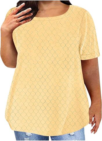 Plus Size Tops for Women Notch V Neck Eyelets Tshirts Summer Short Sleeve Tee Casual Loose Tunic Tops Soft Basic Shirts in Kuwait