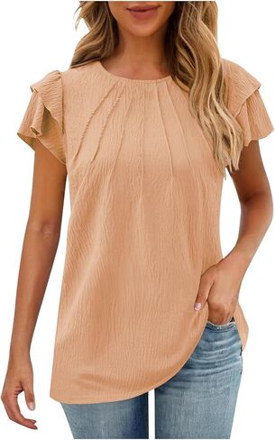 Womens Tops Trendy Short Flutter Sleeve Blouses Dressy Casual Round Neck Shirts Sold Color Ruffle Pleated Tunic Tops in Kuwait
