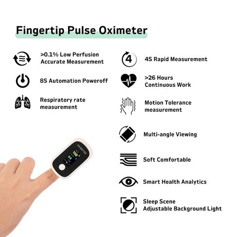 Pulse Oximeter with Respiration, Finger Pulse Oximeter Oxygen Monitor, SpO2 Blood Oxygen Saturation Monitor with Pulse Rate & Perfusion Index, Fast Accurate Readings, OLED Display, Portable for Sports & Home Use in Kuwait