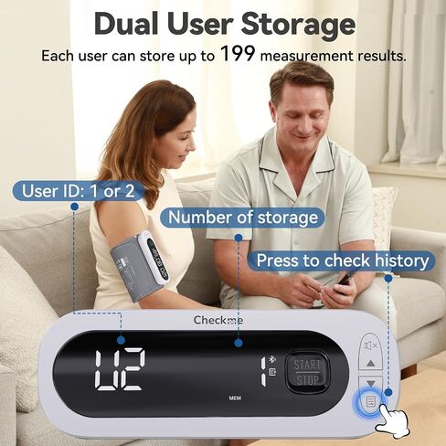 Checkme Rechargeable Blood Pressure Monitor, Automatic Upper Arm BP Machine, Large Clear Numbers, 2-User Mode, 2x199 Memories, Large Cuff, Unlimited Cloud Storage via Bluetooth APP in Kuwait