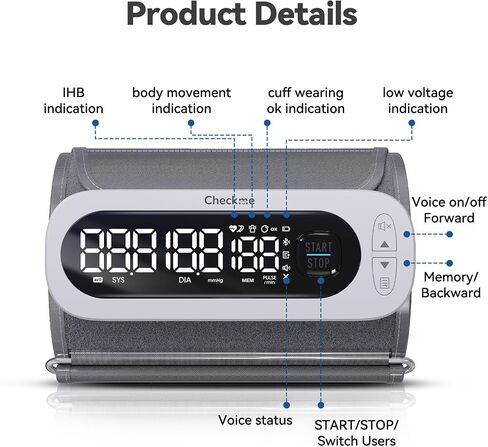 Checkme Rechargeable Blood Pressure Monitor, Automatic Upper Arm BP Machine, Large Clear Numbers, 2-User Mode, 2x199 Memories, Large Cuff, Unlimited Cloud Storage via Bluetooth APP in Kuwait