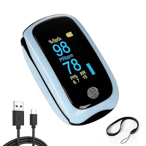 Fingertip Pulse Oximeter with Respiration, Finger-Touch Fast SpO2 Reading Accurate Rechargeable Pulse Oximeter Blue with Alarm for Adults Blood Oxygen Saturation Monitor with Silicone Cover in Kuwait