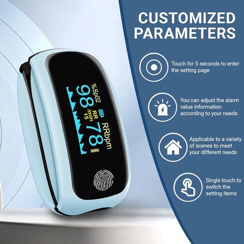 Fingertip Pulse Oximeter with Respiration, Finger-Touch Fast SpO2 Reading Accurate Rechargeable Pulse Oximeter Blue with Alarm for Adults Blood Oxygen Saturation Monitor with Silicone Cover in Kuwait