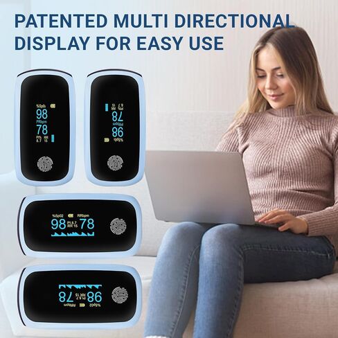 Fingertip Pulse Oximeter with Respiration, Finger-Touch Fast SpO2 Reading Accurate Rechargeable Pulse Oximeter Blue with Alarm for Adults Blood Oxygen Saturation Monitor with Silicone Cover in Kuwait