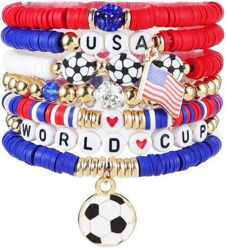 Fuqimanman2020 7 Pcs Soccer Game Day Heishi Clay Beaded Bracelets World Soccer Cup Team Color Bracelets for Women in Kuwait