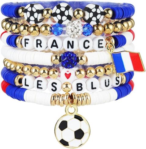 Fuqimanman2020 7 Pcs Soccer Game Day Heishi Clay Beaded Bracelets World Soccer Cup Team Color Bracelets for Women in Kuwait