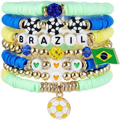 Fuqimanman2020 7 Pcs Soccer Game Day Heishi Clay Beaded Bracelets World Soccer Cup Team Color Bracelets for Women in Kuwait