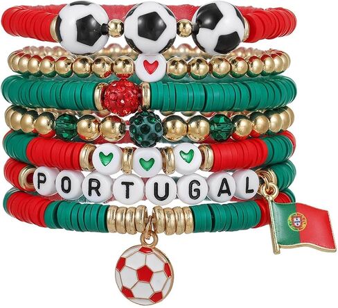 Fuqimanman2020 7 Pcs Soccer Game Day Heishi Clay Beaded Bracelets World Soccer Cup Team Color Bracelets for Women in Kuwait