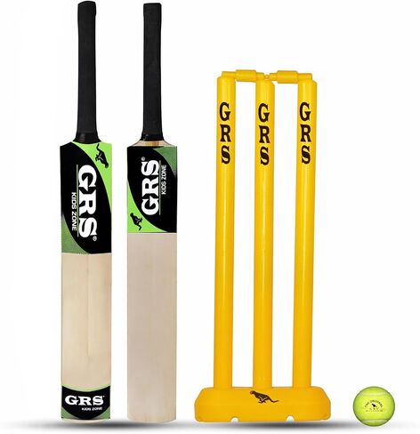 GRS Kids Zone Popular Willow Cricket Bat with Wicket Set & 1 Tennis Ball for Kids (Size 3, Age 6-10 Years) Multicolor in Saudi Arabia
