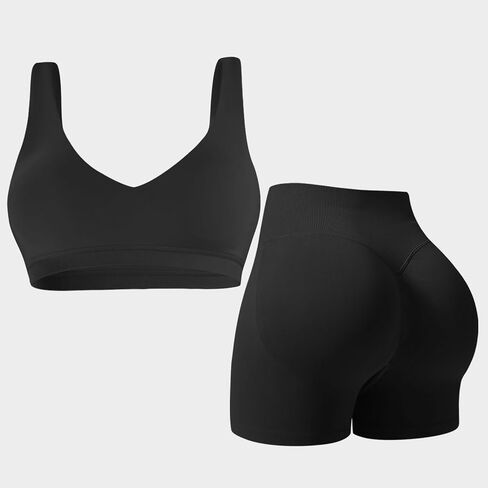 Seamless Workout Sets for Women 2 Piece Longline Backless Sports Bras Hidden Scrunch Shorts Yoga Outfits Gym Tracksuit in Kuwait