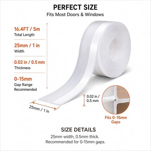 Weather Stripping Door Seal, Clear Silicone Door Seal Strip for Door Frame, 16.4FT Self Adhesive 25mm Seal Tape for Doors and Windows, Seals 0-15mm Gaps in Kuwait