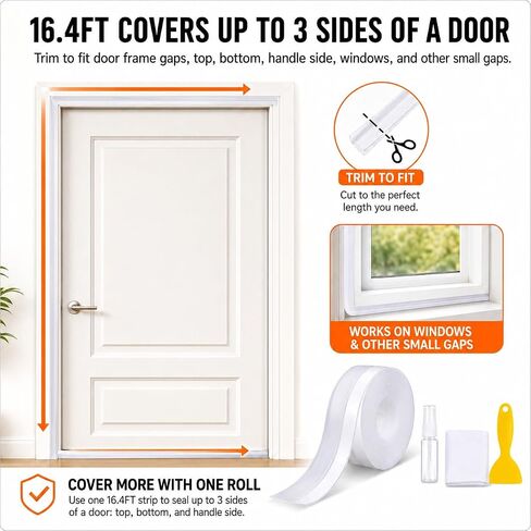 Weather Stripping Door Seal, Clear Silicone Door Seal Strip for Door Frame, 16.4FT Self Adhesive 25mm Seal Tape for Doors and Windows, Seals 0-15mm Gaps in Kuwait