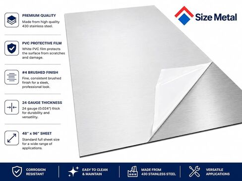 Quality Stainless Steel Sheet, 430 (Magnetic) No. 4 24Ga x 48" x 96", Perfect for Restaurants, Food Trucks, Hospitals, Backsplash, Residential, Commercial Etc. - 1 PC in Kuwait