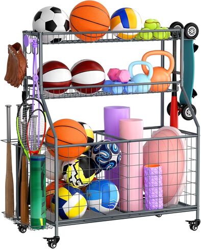 WUC Sports Equipment Garage Organizer - Garage Ball Storage Rack with Basket, Hooks and Rolling Cart for Sports Gear and Toy Storage, Grey in Kuwait