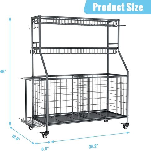 WUC Sports Equipment Garage Organizer - Garage Ball Storage Rack with Basket, Hooks and Rolling Cart for Sports Gear and Toy Storage, Grey in Kuwait