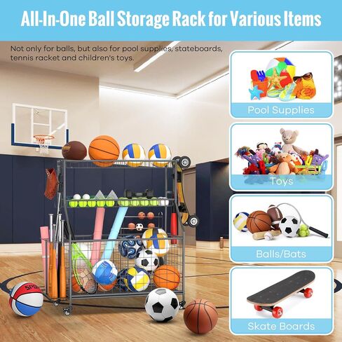 WUC Sports Equipment Garage Organizer - Garage Ball Storage Rack with Basket, Hooks and Rolling Cart for Sports Gear and Toy Storage, Grey in Kuwait