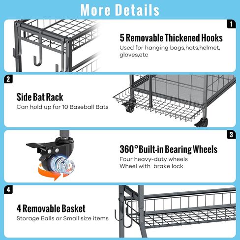 WUC Sports Equipment Garage Organizer - Garage Ball Storage Rack with Basket, Hooks and Rolling Cart for Sports Gear and Toy Storage, Grey in Kuwait