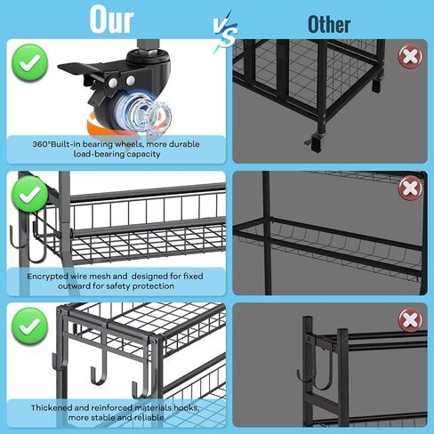 WUC Sports Equipment Garage Organizer - Garage Ball Storage Rack with Basket, Hooks and Rolling Cart for Sports Gear and Toy Storage, Grey in Kuwait