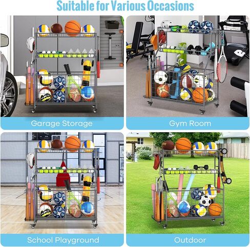WUC Sports Equipment Garage Organizer - Garage Ball Storage Rack with Basket, Hooks and Rolling Cart for Sports Gear and Toy Storage, Grey in Kuwait