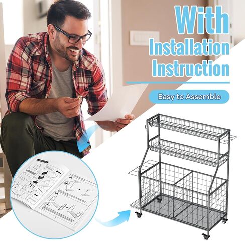 WUC Sports Equipment Garage Organizer - Garage Ball Storage Rack with Basket, Hooks and Rolling Cart for Sports Gear and Toy Storage, Grey in Kuwait