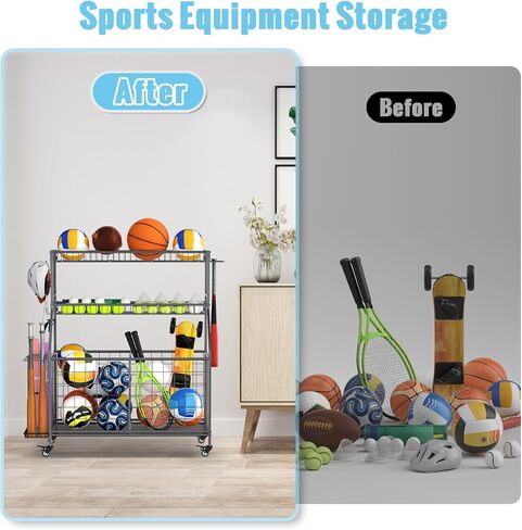 WUC Sports Equipment Garage Organizer - Garage Ball Storage Rack with Basket, Hooks and Rolling Cart for Sports Gear and Toy Storage, Grey in Kuwait