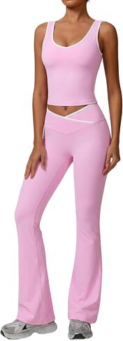 Yknktstc Women 2 Piece Set Crossover High Waist Flare Leggings Tank Top | colorblock design, tummy control, athletisure outfit, moisture wicking, gym yoga daily wear in Saudi Arabia