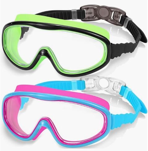 Kids Swim Goggles 2 Pack, No Leak Wide View Anti-Fog UV Protection with Soft Silicone & Fabric Strap for Boys Girls 3-15 in Kuwait