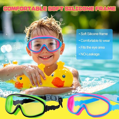 Kids Swim Goggles 2 Pack, No Leak Wide View Anti-Fog UV Protection with Soft Silicone & Fabric Strap for Boys Girls 3-15 in Kuwait
