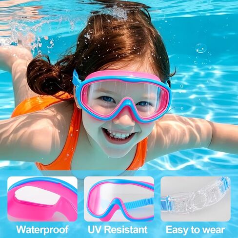 Kids Swim Goggles 2 Pack, No Leak Wide View Anti-Fog UV Protection with Soft Silicone & Fabric Strap for Boys Girls 3-15 in Kuwait