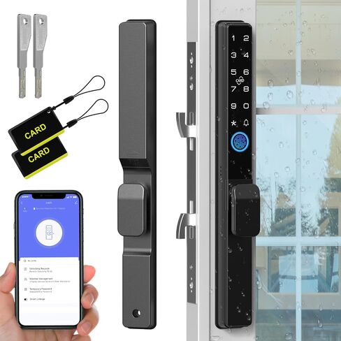 قفل باب زجاجي منزلق، قفل ذكي للباب المنزلق من eseesmart مع لوحة مفاتيح رمز بصمة الإصبع وبطاقة RFID ومفتاح تطبيق بلوتوث، قفل باب فناء دخول بدون مفتاح رقمي إلكتروني مع مقبض in Kuwait