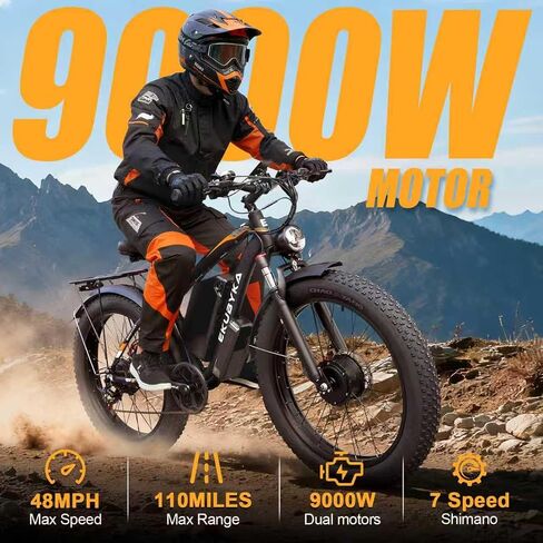9000W Dual Motor Electric Bike for Adults - 48 MPH Fast Ebike with 52V 36Ah Removable Battery & 110 Mile Range, 24/26" Fat Tire All-Terrain E-Bike with Lockable Front Suspension & Hydraulic Brakes in Kuwait