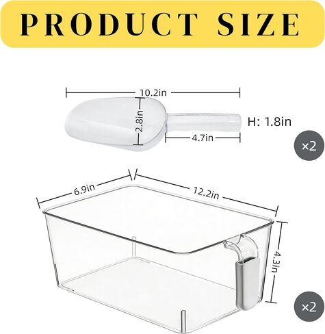 2-Pack Clear Gray Ice Storage Bins with 2 Thickened Scoops, Durable Freezer Containers with Handles, Space-Saving Kitchen Organizer, 12.2 x 6.9 x 4.3 Inches in Kuwait
