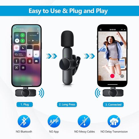 RICCHI 2 Pack Wireless Microphone Mini Mic for iPhone 7-14 iPad, Tiny Lavalier Microphone Clip on Lapel Lav Mic for Video Recording, Podcast, Interview, Streaming, Vlog, YouTube, TikTok in Kuwait