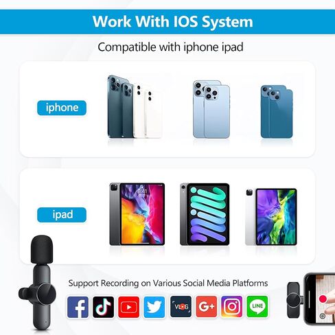 RICCHI 2 Pack Wireless Microphone Mini Mic for iPhone 7-14 iPad, Tiny Lavalier Microphone Clip on Lapel Lav Mic for Video Recording, Podcast, Interview, Streaming, Vlog, YouTube, TikTok in Kuwait