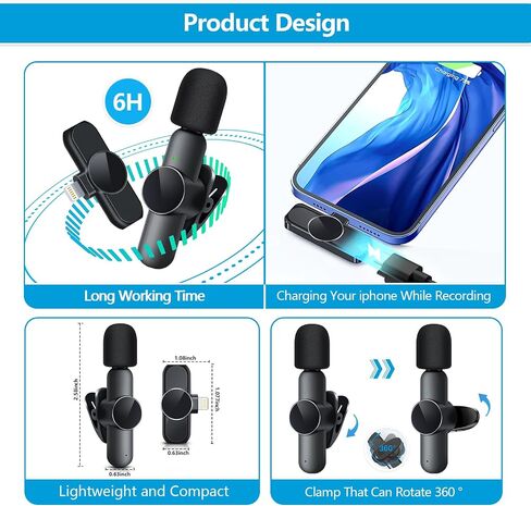 RICCHI 2 Pack Wireless Microphone Mini Mic for iPhone 7-14 iPad, Tiny Lavalier Microphone Clip on Lapel Lav Mic for Video Recording, Podcast, Interview, Streaming, Vlog, YouTube, TikTok in Kuwait