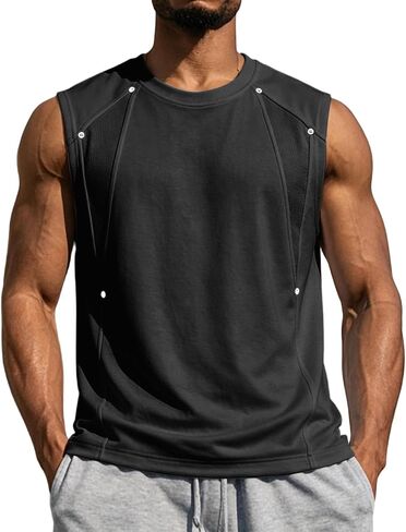 Mens Casual Tank Top Workout Sleeveless Shirt | Loose Fit, Sleeveless Cut, Shoulder Rivets, Workout Tank, Athletic Fit, Curved Hem, Training Wear, Street Sport, Gym Wear in Kuwait