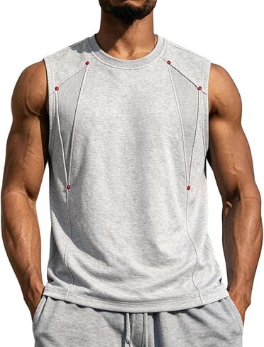 Mens Casual Tank Top Workout Sleeveless Shirt | Loose Fit, Sleeveless Cut, Shoulder Rivets, Workout Tank, Athletic Fit, Curved Hem, Training Wear, Street Sport, Gym Wear in Saudi Arabia