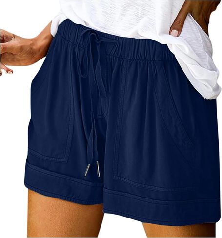 Womens Athletic High Waist Loose 4" Casual Shorts | Loose Fit Pull On Drawstring Elastic Waist with Pockets, Cotton Lightweight Breathable, Running Walking Workout Beach in Kuwait