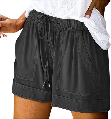 Womens Athletic High Waist Loose 4" Casual Shorts | Loose Fit Pull On Drawstring Elastic Waist with Pockets, Cotton Lightweight Breathable, Running Walking Workout Beach in Saudi Arabia