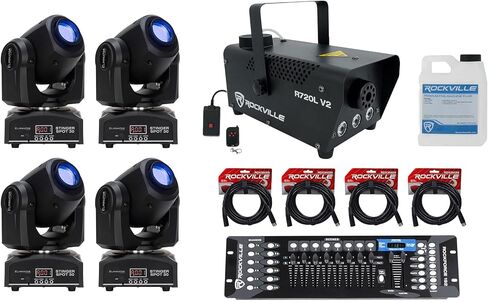 Audiosavings Bundle: (4) American DJ Eliminator Stinger Spot 30 Moving Head Spot Light Bundle with (1) Rockville ROCKFORCE 192-Ch Controller + (4) RDX3M25 Cables + (1) R720L Fog Machine (10 Item) in Kuwait