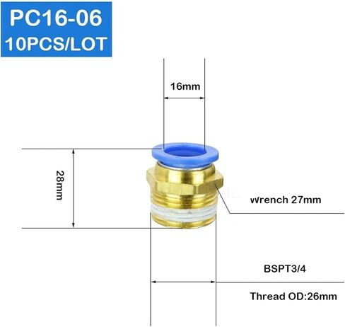 10Pcs PC16-06 16mm To 3/4 Inch Pneumatic Connectors Male Straight One-touch Fittings in Kuwait