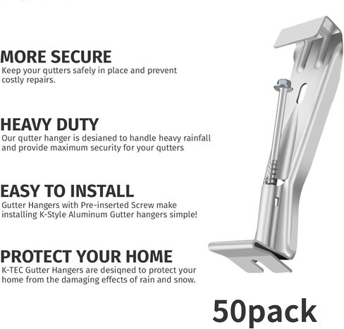 50 Pack Gutter Hangers 5 Inch, Rain Gutter Hangers, Heavy Duty G Utter H Angers with a Pre Inserted Rust Resistant Screw, K Style Aluminum G Utter H Anger for Repairing Sagging Rain G utters Parts in Kuwait