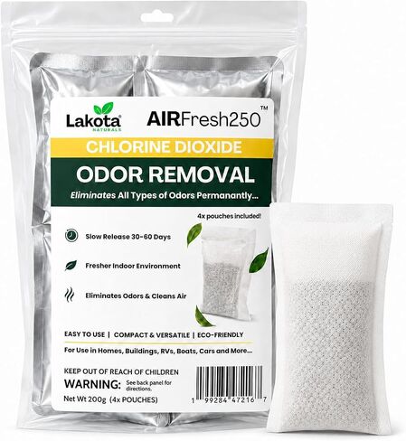 AirFresh250 - كيس لتنقية الهواء بثاني أكسيد الكلور بطيء الإصدار - 4 أكياس. يزيل جميع الروائح، مزيل روائح قوي احترافي للسيارة، والمركبات الترفيهية، والقمامة، والثلاجة، والأحذية، والخزائن، وحقائب الصالة الرياضية. in Kuwait