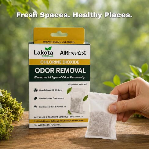 AirFresh250 - كيس لتنقية الهواء بثاني أكسيد الكلور بطيء الإصدار - 4 أكياس. يزيل جميع الروائح، مزيل روائح قوي احترافي للسيارة، والمركبات الترفيهية، والقمامة، والثلاجة، والأحذية، والخزائن، وحقائب الصالة الرياضية. in Kuwait