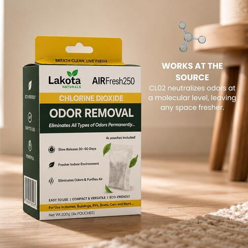 AirFresh250 - كيس لتنقية الهواء بثاني أكسيد الكلور بطيء الإصدار - 4 أكياس. يزيل جميع الروائح، مزيل روائح قوي احترافي للسيارة، والمركبات الترفيهية، والقمامة، والثلاجة، والأحذية، والخزائن، وحقائب الصالة الرياضية. in Kuwait