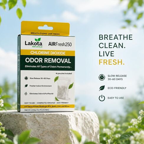 AirFresh250 - كيس لتنقية الهواء بثاني أكسيد الكلور بطيء الإصدار - 4 أكياس. يزيل جميع الروائح، مزيل روائح قوي احترافي للسيارة، والمركبات الترفيهية، والقمامة، والثلاجة، والأحذية، والخزائن، وحقائب الصالة الرياضية. in Kuwait