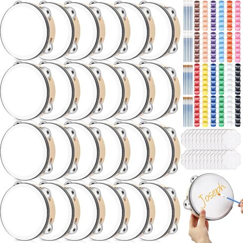 24 Set 6 Inch Tambourine Drum Bulk DIY Tambourine Drum with Acrylic Paints, Paint Brush and Palette, Wood Metal Jingles Instrument Percussion Gift for Church Wedding Party Games in Saudi Arabia
