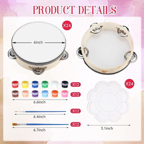 24 Set 6 Inch Tambourine Drum Bulk DIY Tambourine Drum with Acrylic Paints, Paint Brush and Palette, Wood Metal Jingles Instrument Percussion Gift for Church Wedding Party Games in Saudi Arabia