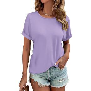 Women's Roll Sleeve Crewneck T Shirts Loose Casual Summer Tops Comfy Basic Tees