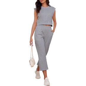 Womens Summer 2 Piece Outfits Sleeveless Crewneck Top Sweatpant Lounge Set Active Sweatsuit with Pockets